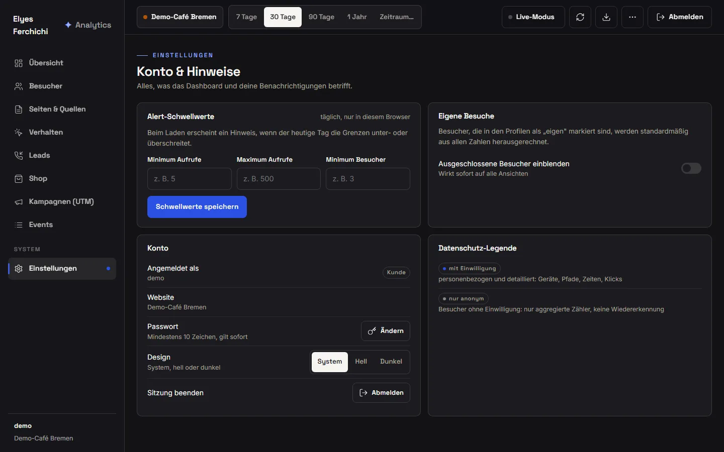 Analytics-Dashboard, Ansicht Einstellungen: Alert-Schwellwerte, Ausschluss eigener Besuche, Kontodaten mit Passwort ändern, Design hell oder dunkel sowie eine Datenschutz-Legende
