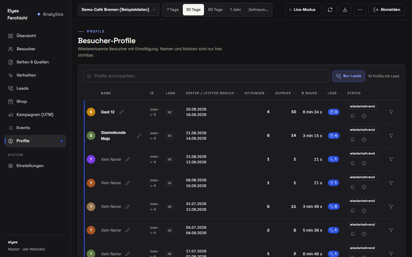 Analytics-Dashboard, Ansicht Profile: Tabelle wiedererkannter Besucher mit Name, Land, erstem und letztem Besuch, Sitzungen, Aufrufen, Dauer und Lead-Anzahl, gefiltert auf Profile mit Lead