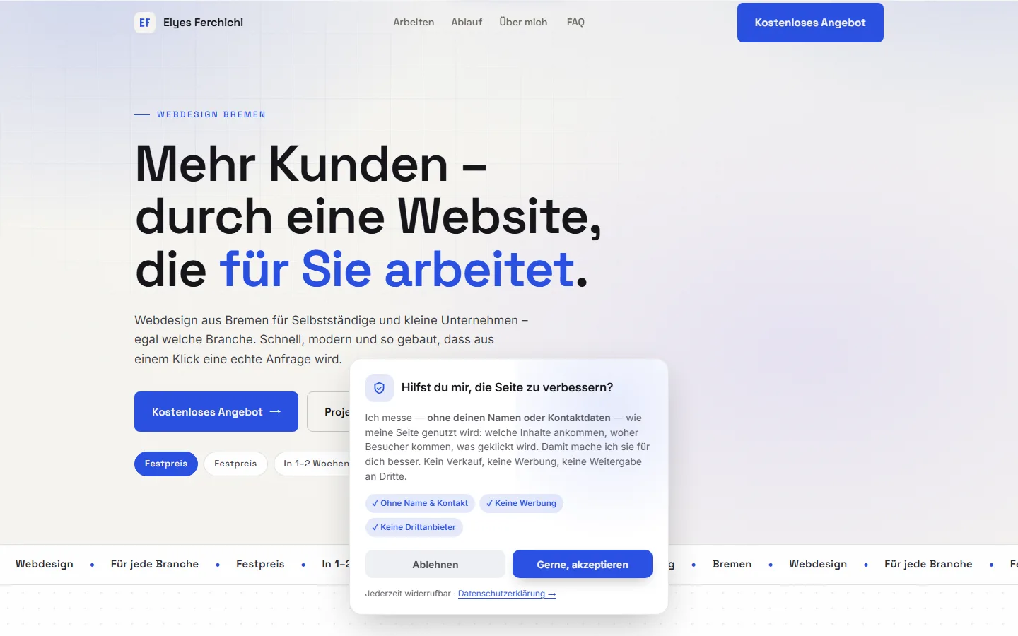 Startseite von elyesferchichi.com mit dem Einwilligungs-Dialog des Trackers: Erklärung ohne Namen und Kontaktdaten, Hinweise Keine Werbung und Keine Drittanbieter, Buttons Ablehnen und Gerne, akzeptieren