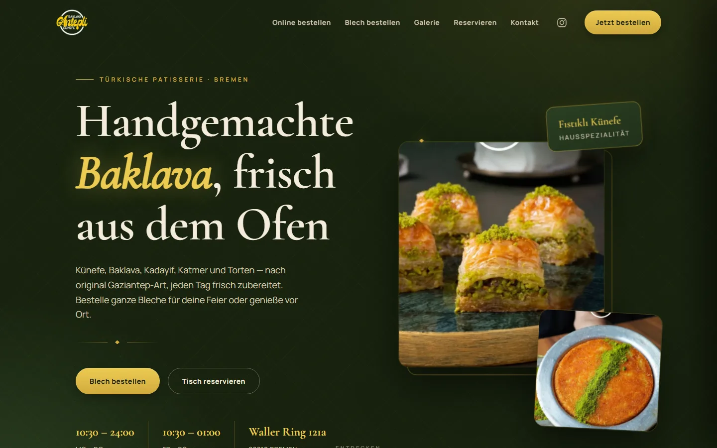 Konzept-Website Antepli Baklava in Dunkelgrün und Gold mit Produktfreistellern und Warenkorb – Desktop- und Handyansicht