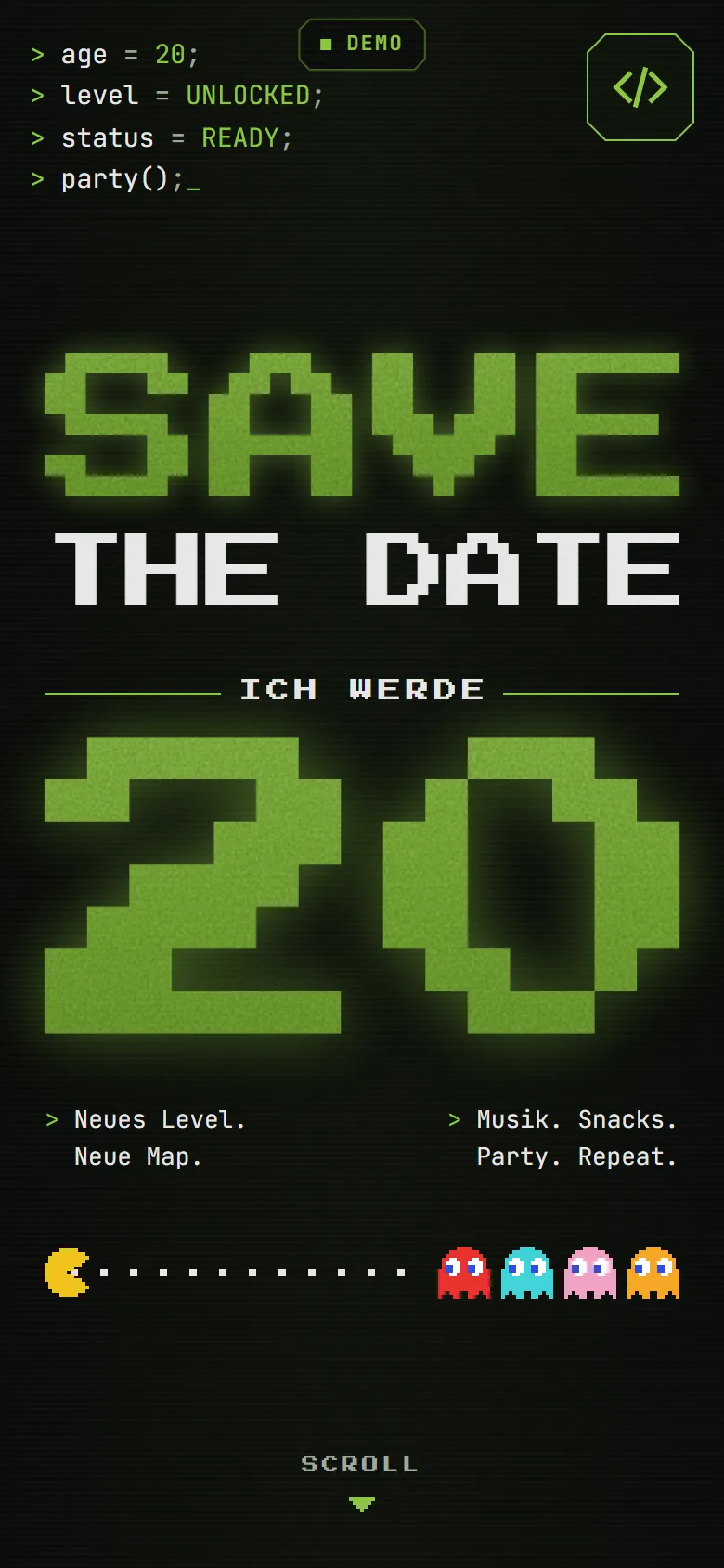 Demo der Geburtstagseinladung „Mila wird 20“ im Retro-Pixel-Look: Save-the-Date-Poster mit Terminal-Zeilen und Pac-Man-Reihe, Desktop- und Handyansicht (erfundene Daten) – Handyansicht