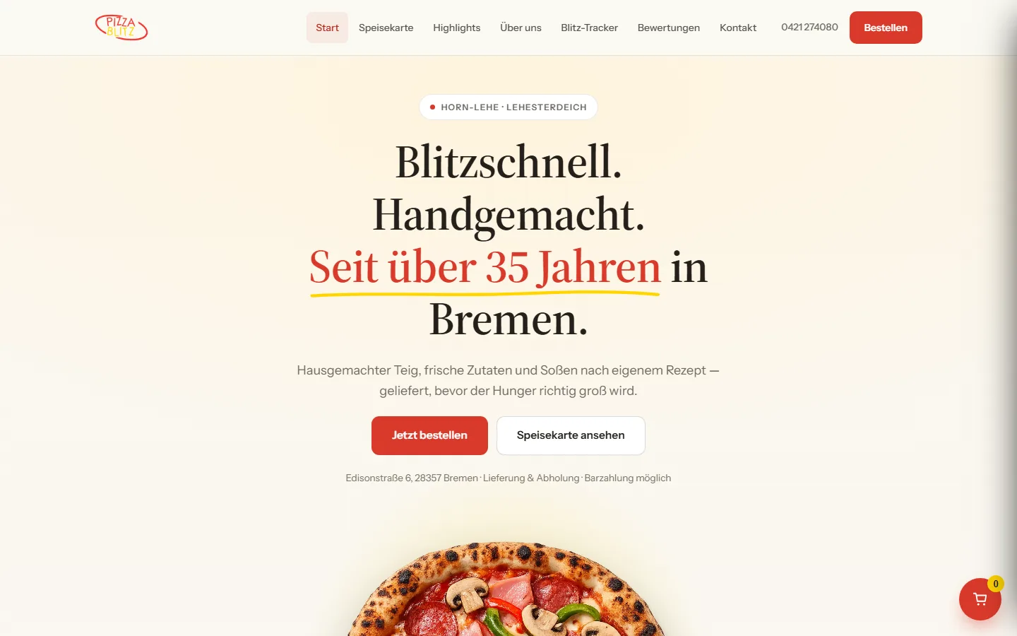 Startseite von Pizza Blitz Bremen mit Hero, Speisekarte und geöffnetem Warenkorb – Desktop- und Handyansicht