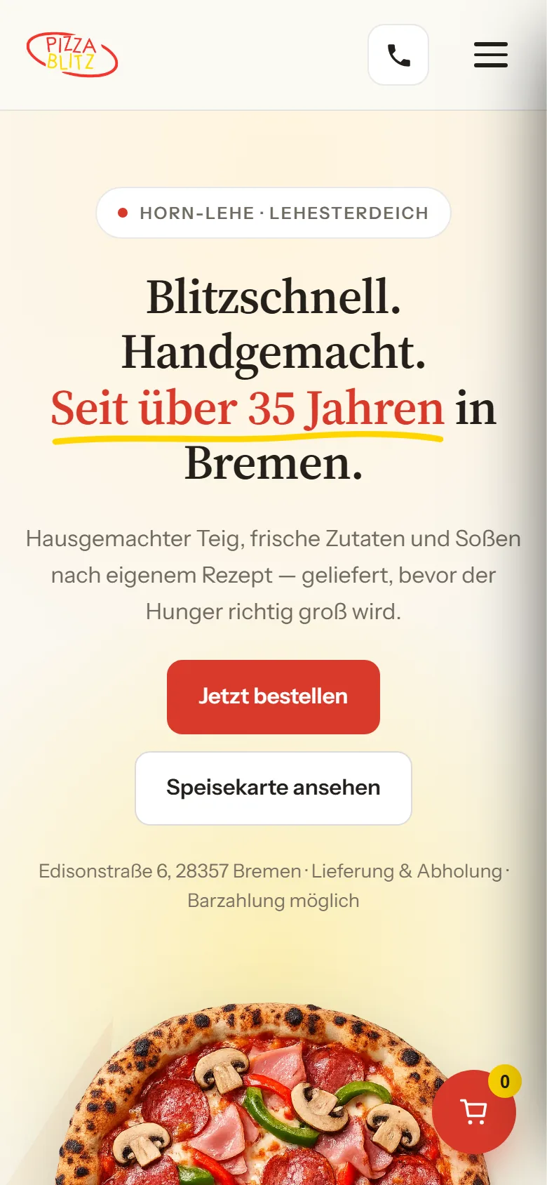 Startseite von Pizza Blitz auf dem Handy: Hero mit Bestellknopf