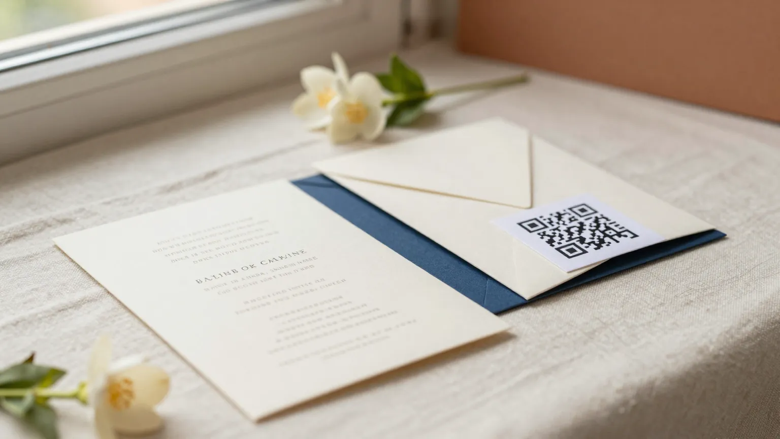 Hochzeitseinladungen mit QR-Karte auf Leinen, dazu Jasminblüten