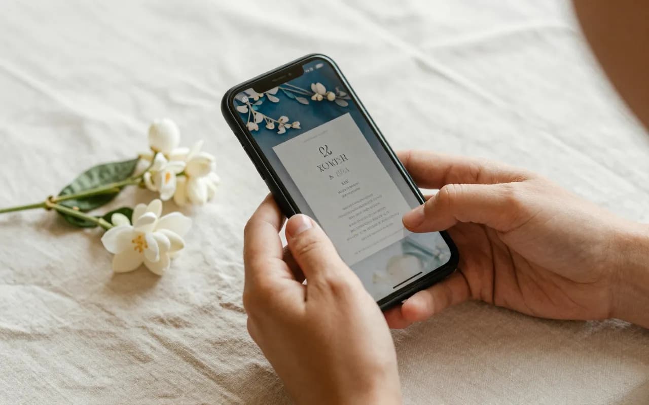 Hände halten ein Smartphone mit einer Hochzeitseinladung auf dem Bildschirm