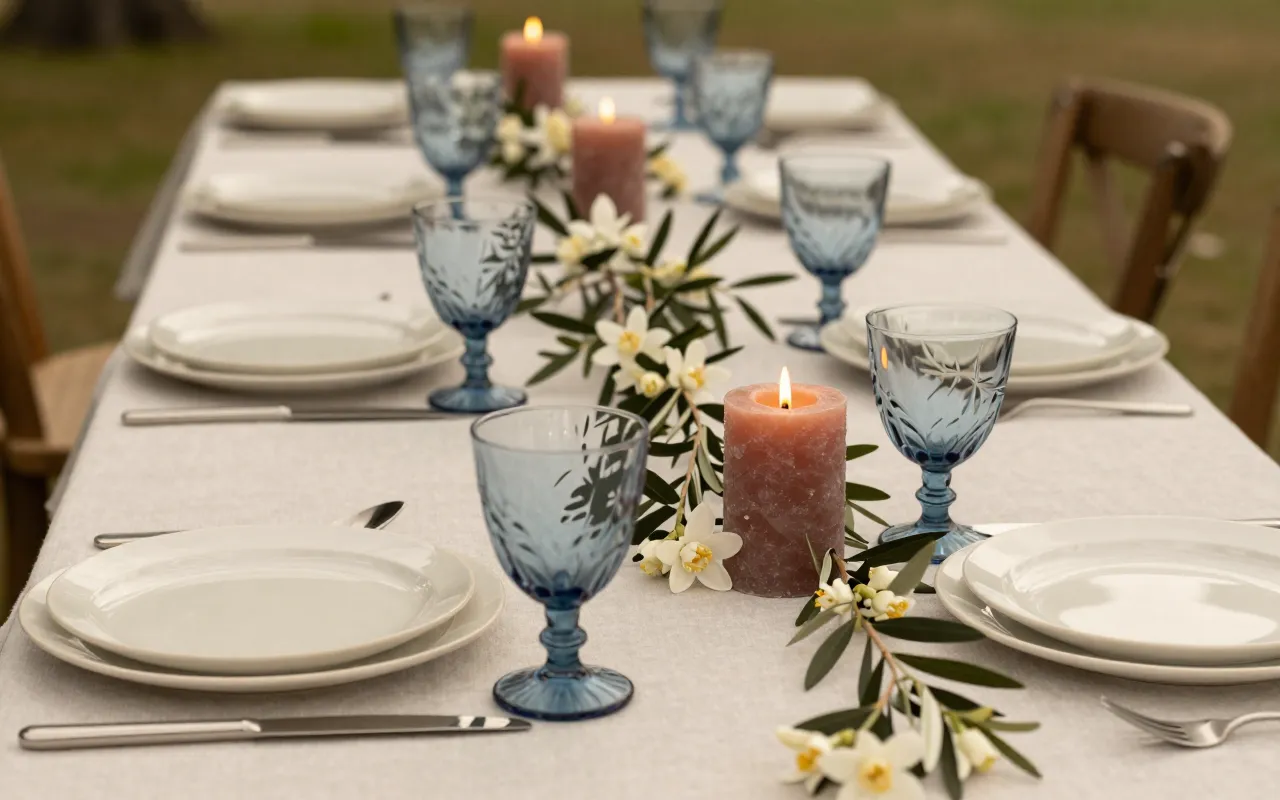 Festlich gedeckte Hochzeitstafel im Freien mit Leinen und Kerzen