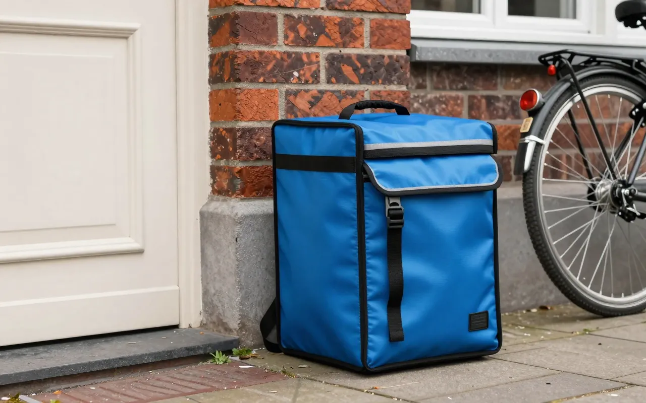 Blauer Lieferrucksack an einer Backsteinwand in Bremen