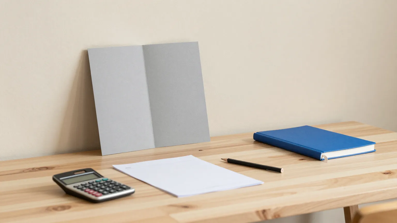Schreibtisch mit Angebotsmappe, Taschenrechner und blauem Notizbuch
