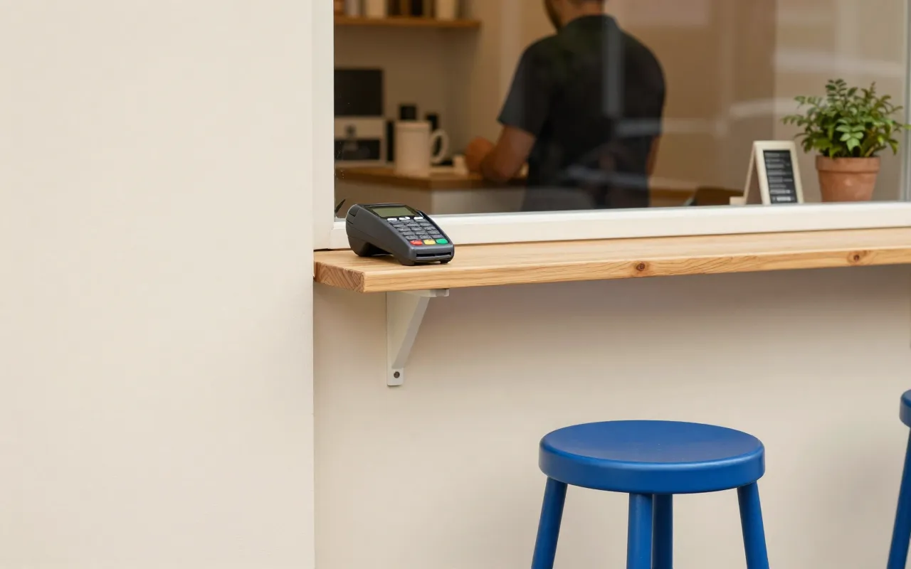 Tresen eines kleinen Ladens mit Kartenterminal im Tageslicht