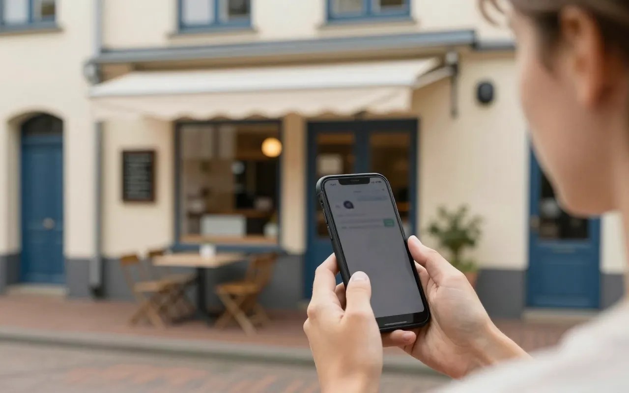 Gast mit Smartphone vor einem kleinen Restaurant mit Außenplätzen