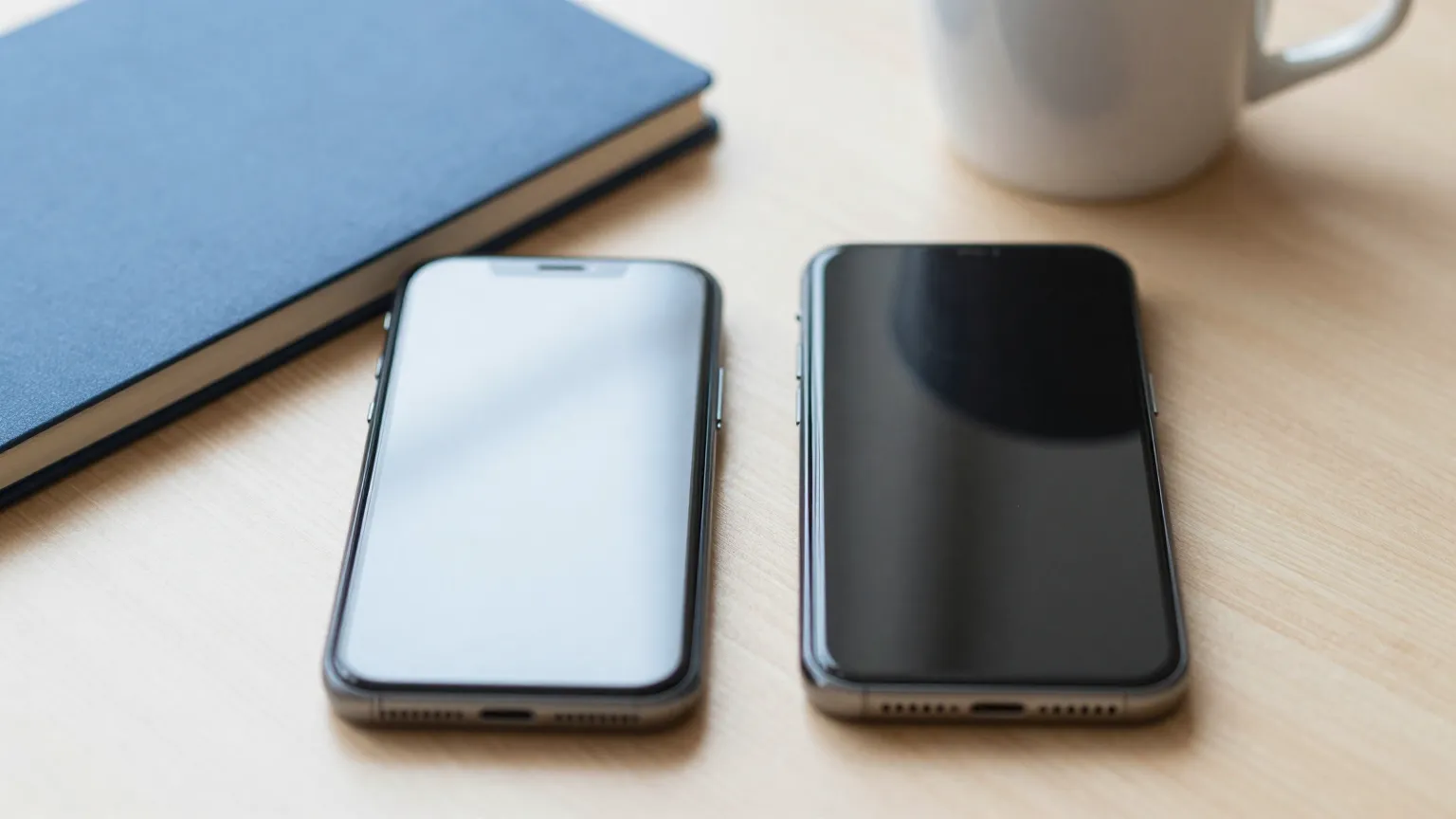 Zwei Smartphones nebeneinander auf einem Holztisch