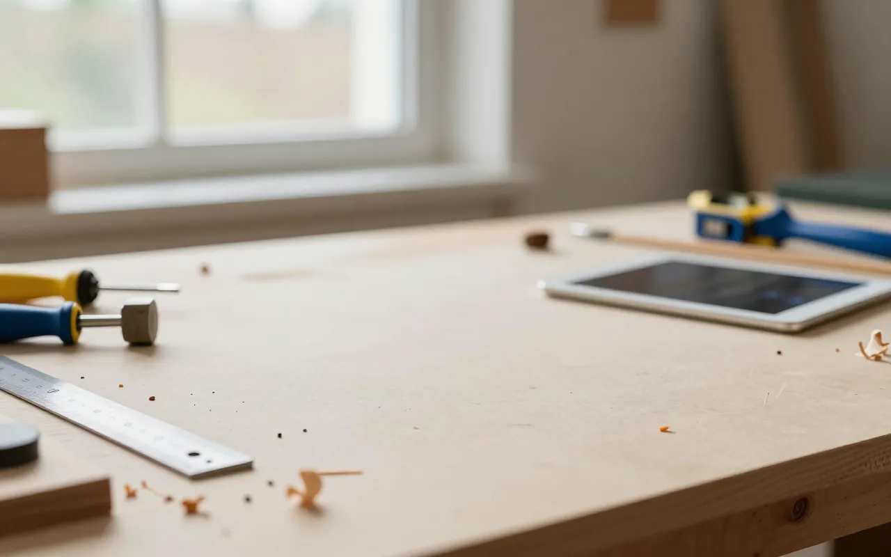 Werkstatt-Tisch mit Werkzeug, Zollstock und Tablet