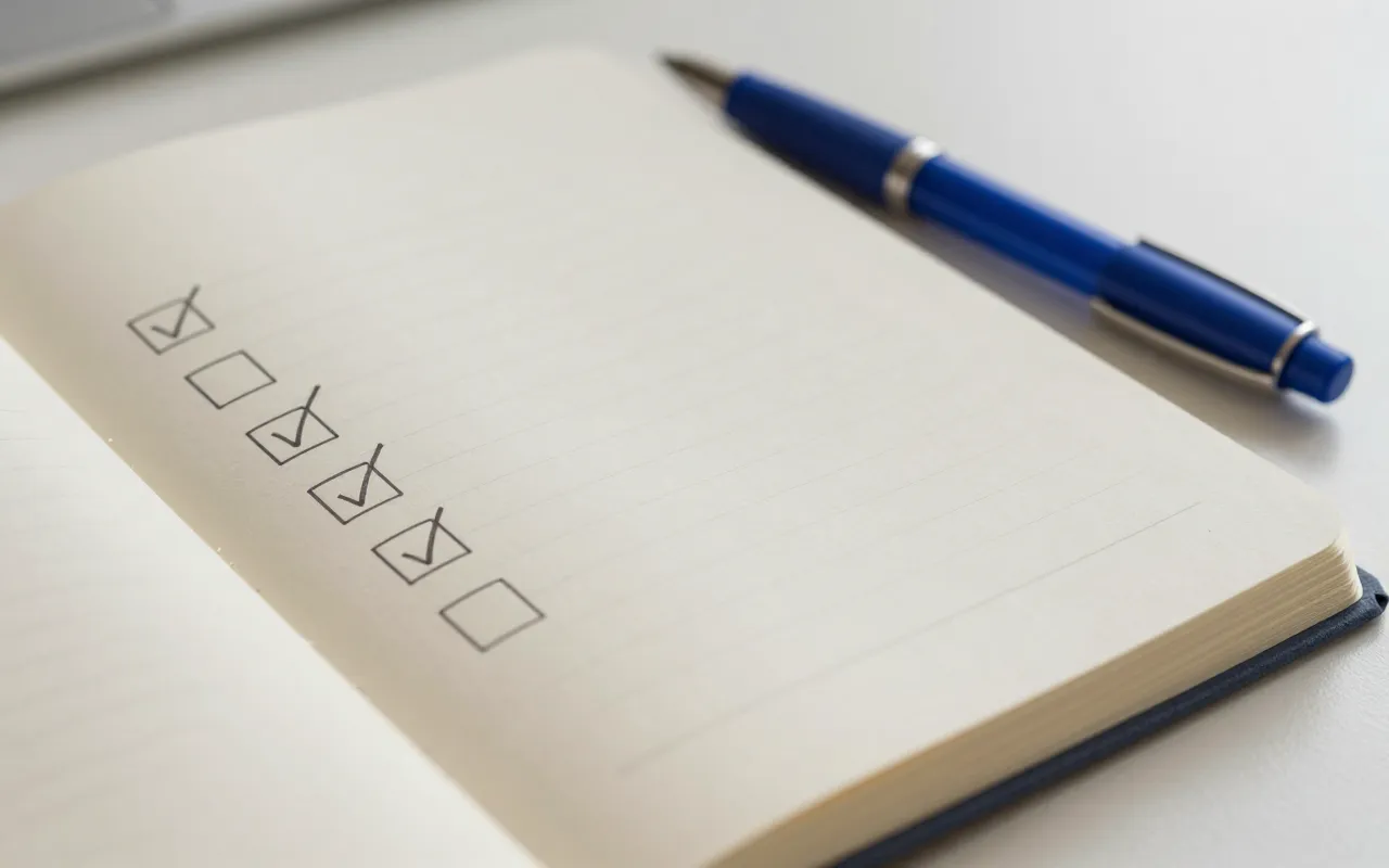 Aufgeschlagenes Notizbuch mit handgezeichneter Checkliste und Stift