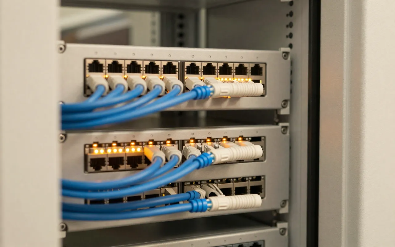 Serverraum-Detail mit Netzwerkkabeln und Status-LEDs in warmem Licht